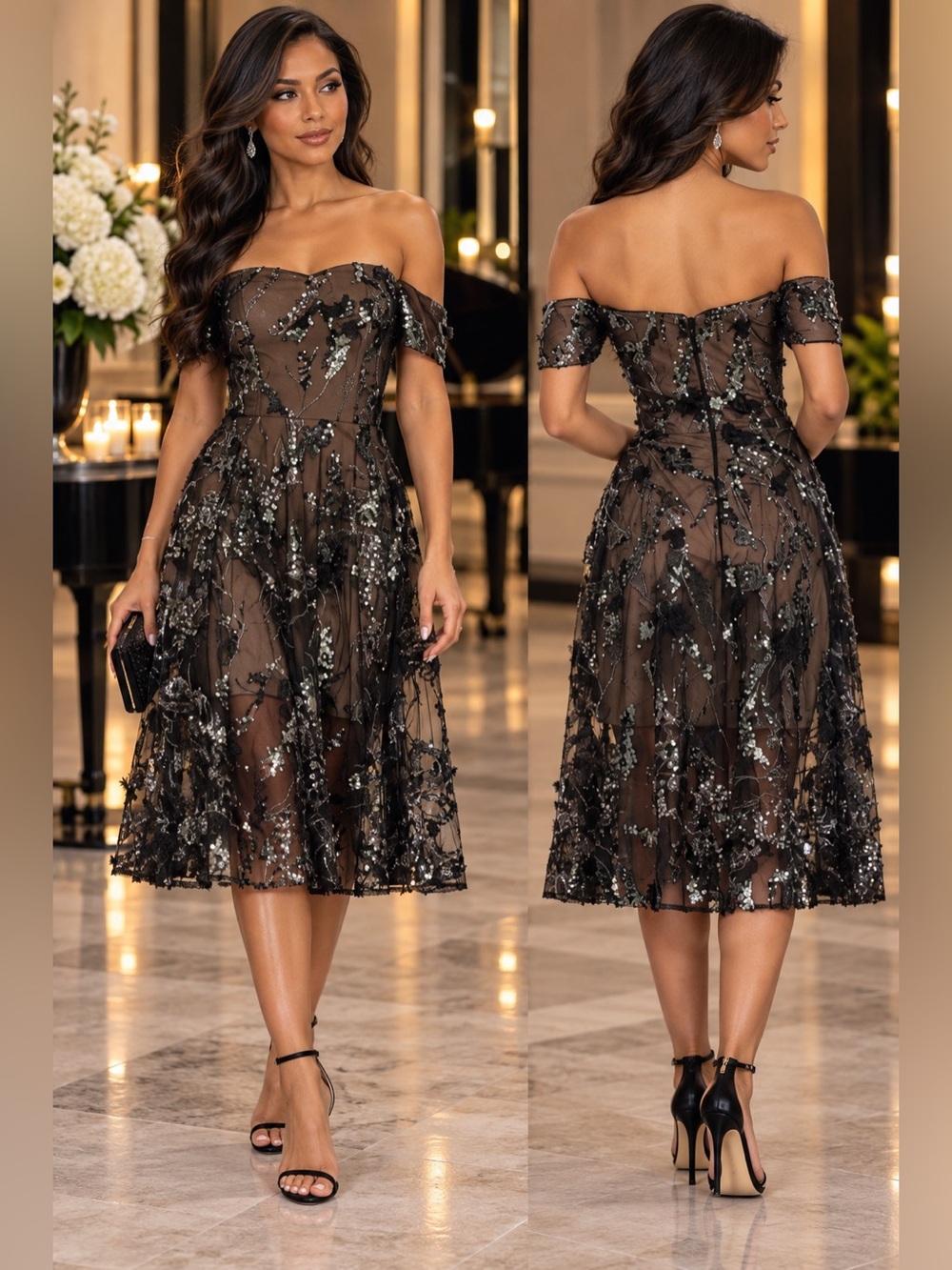 Dress the Population Valeria Sequin Off-the-Shoulder Cocktail Dress - Size XXS